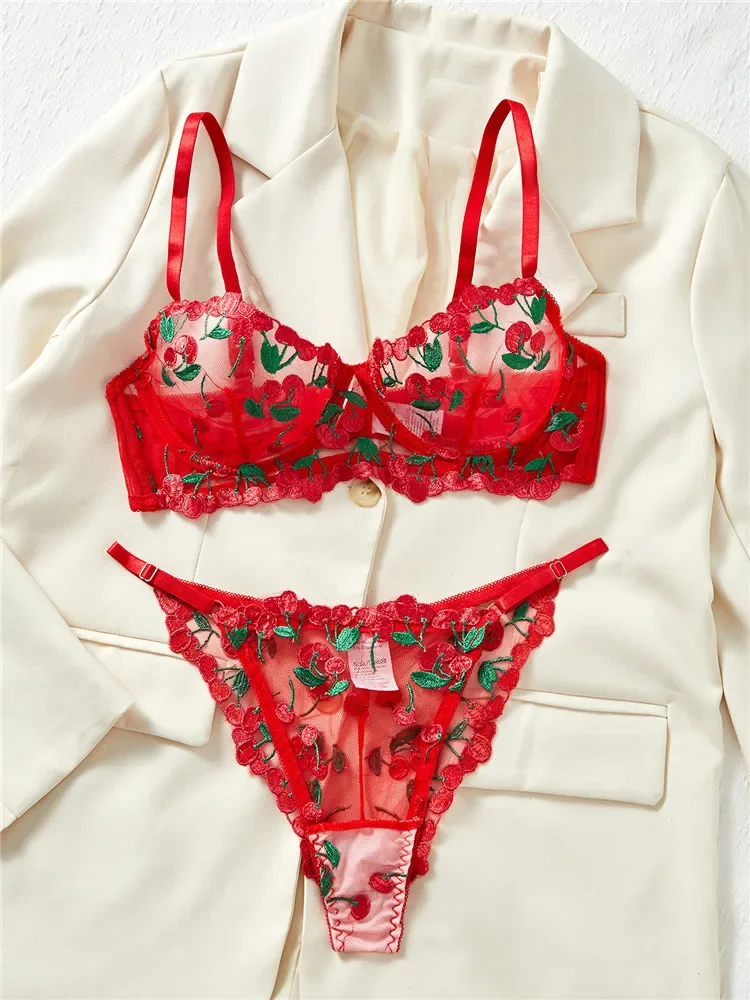 Conjuntos de lencería Sexy, ropa interior transparente de encaje ultrafino, conjuntos exóticos transparentes románticos, conjuntos de sujetador rojo con bordado de flores