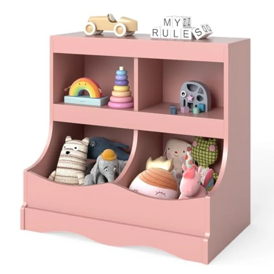 

Розовый деревянный органайзер для игрушек с 4 секциями, книжная полка с подставкой для ног для игровой комнаты, класса, в стиле Монтессори, книжный шкаф 15.