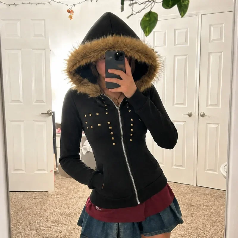American Retro Street Style Rivet Design Fur Collar Hooded Zipper Sweatshirt Japanese Autumn Winter Y2k Harajuku Slim Fit Jacket