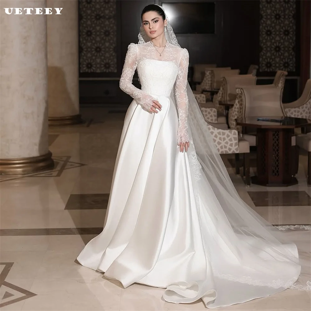 

UETEEY Customized V Neck Long Puff Sleeves Illusion Satin A Line Wedding Dress Floor Length Court Train Bridal vestidos de novia