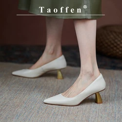 Taoffen Spring/Autumn Women's Pumps Real Leather Pointed toe High Heel Fashion Slip On Thin Heels Solid Casual Office Lady Shoes