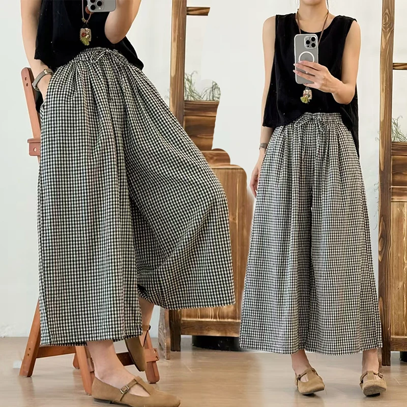 

Summer Thin Retro plus Size Loose Plaid Casual Wide Leg Pants Elastic Waist Conceals Thighs Women's Slimming Skort Pants