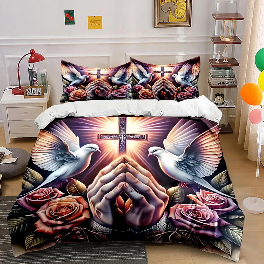 

Praying hands with peaceful doves Pattern Duvet Cover Set Digital Print Colorful Polyester Bedding with Zipper Closur for gifts