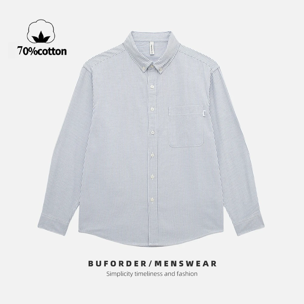 

Мужская повседневная рубашка узкого кроя с длинными рукавами из 70% хлопка в вертикальную полоску — удобная и стильная для повседневной носки M-3XL