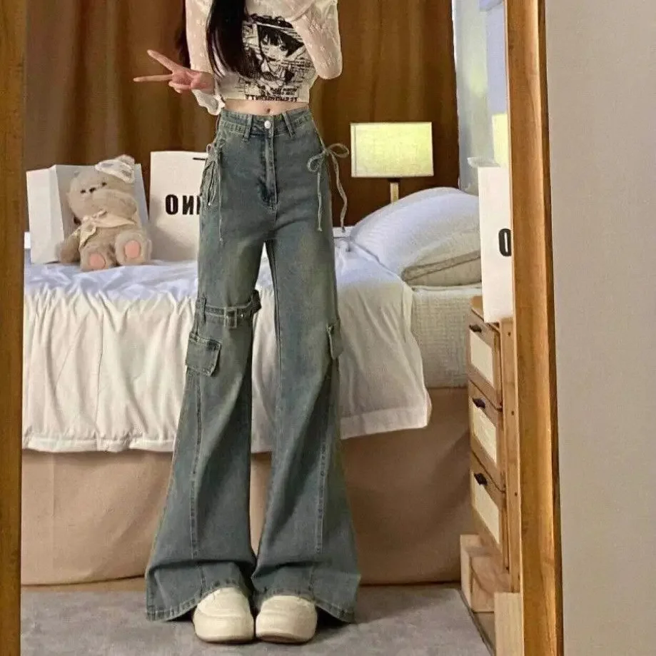 Vintage Belt Splicing Micro Flared Jeans  Aesthetic Y2k Women New Spicy Girl with High Waist Baggy Slim Fit Cargo Pants