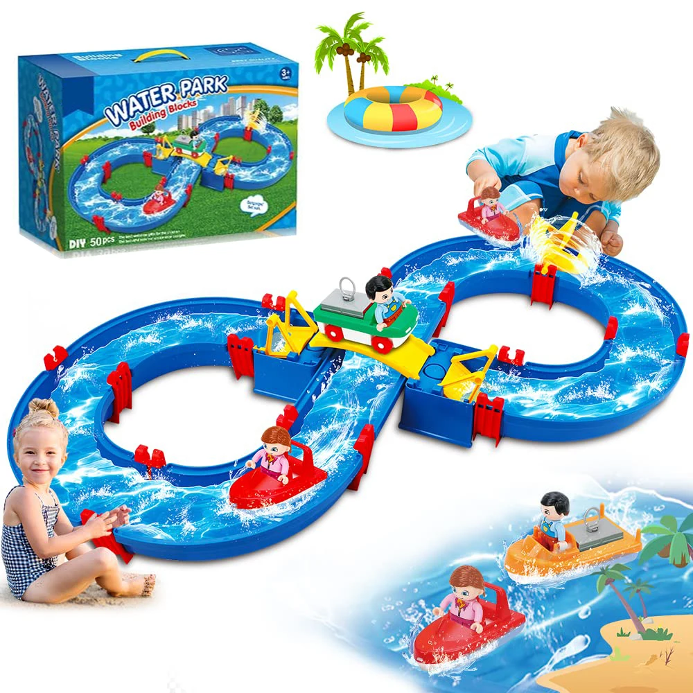 Children's outdoor water table toys, water park toy set of 50 DIY beach toys, lawn, pool waterway toys, suitable for boys and gi