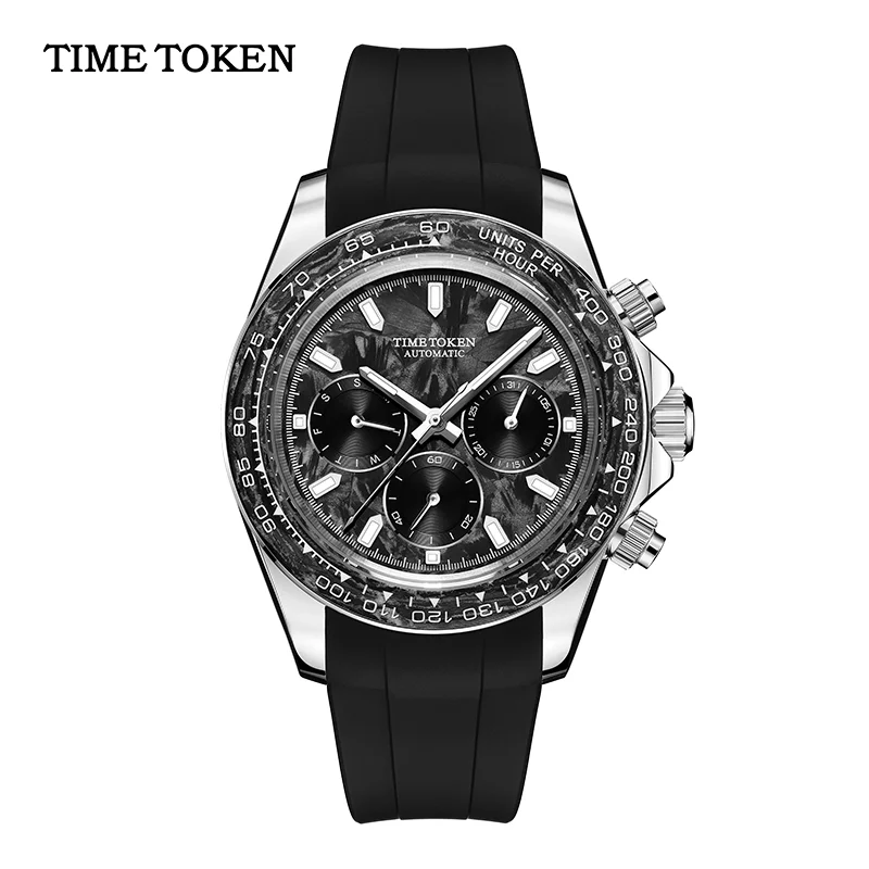 TIME TOKEN 40mm Men's Carbon Automatic Mechanical Watch Luxury Diver 100m Water-Resistant with Calendar And Week Function