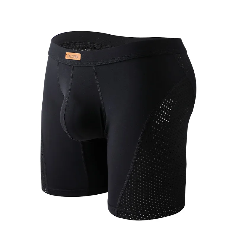 Fitness Athletic Men's Boxer Briefs Ice Silk Mesh Breathable Extended Length Quick Dry Anti Odor With Separate Pouch