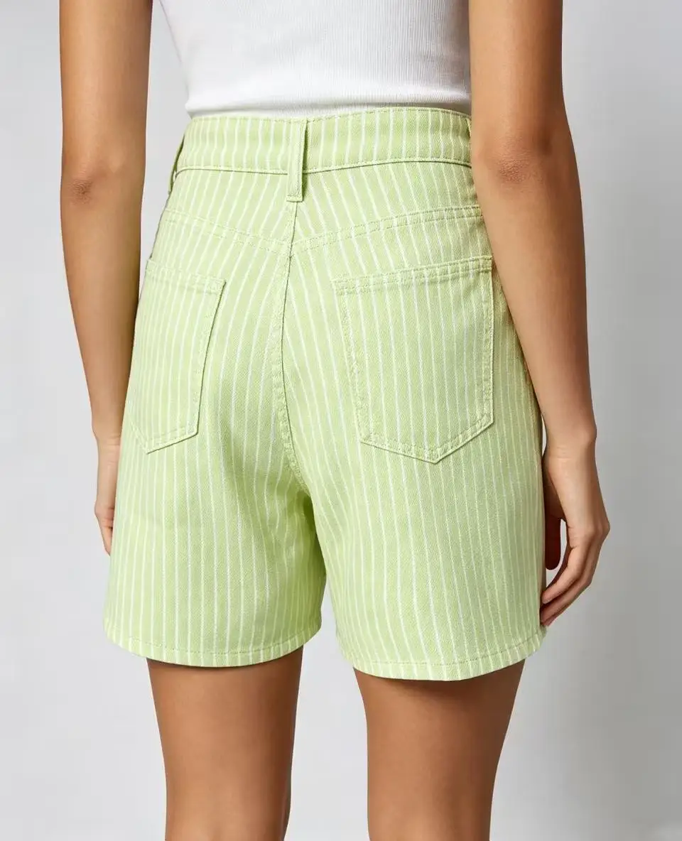 Summer Light Colored Striped Denim Shorts French Casual Fashion Simple Basic Versatile Loose Women's Straight Leg Short Jeans