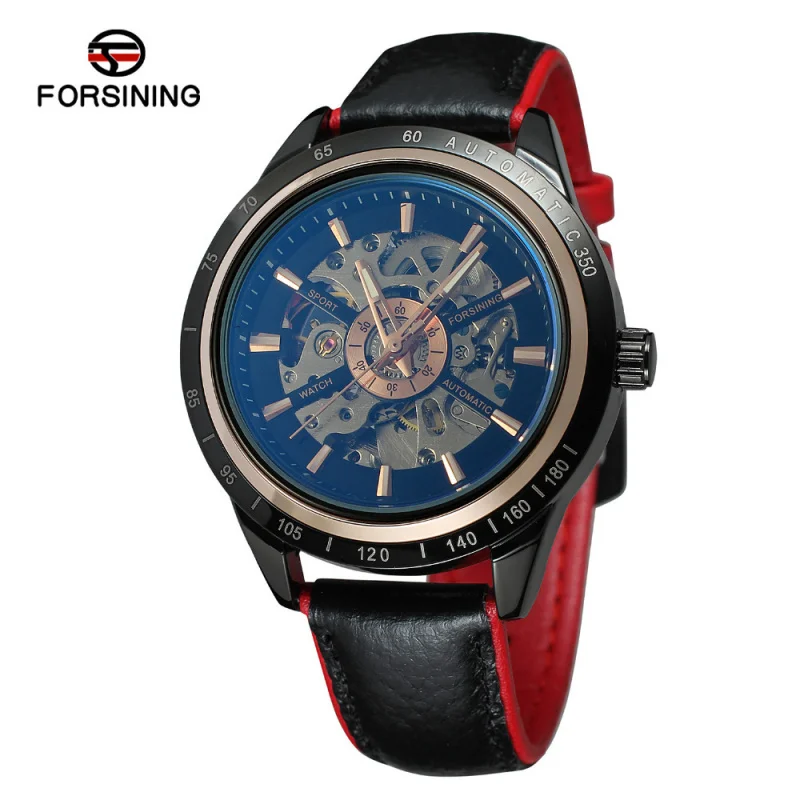 Forsining-Montre mécanique automatique en verre bleu pour homme, étanche, décontractée, creuse, à la mode, livraison gratuite