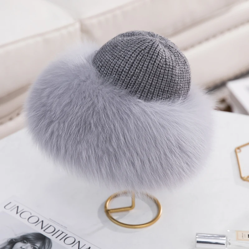 Winter Hats Women Natural Fox Fur Fuffy Warm Fashion Stylish Fedoras Knitted fur hat