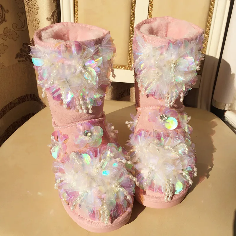 Bling Pearls Sequins Floral Kawaii Snow Boots Winter Shoes Woman Pink Cow Suede Leather Fur Plush Lined Flat Warm Shoes Female