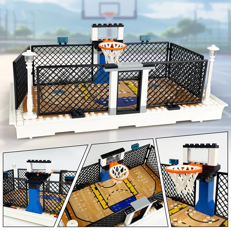 Nueva escena, cancha de baloncesto, jaula para el Campus, campo de reuniones deportivas, soportes comunitarios callejeros, bloques de construcción, juegos de modelos de ladrillos