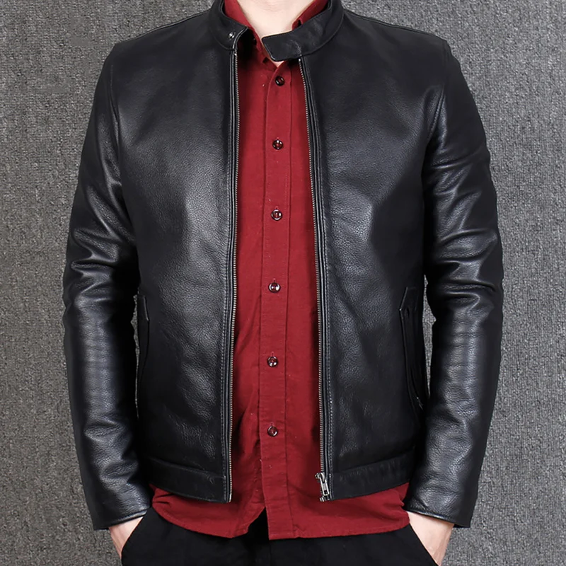 

Leather Jacket Men Casual Slim Stand Collar Genuine 100% Cowhide Real Leather Large Size 5XL Motorcycle Jacket Biker Coat Male