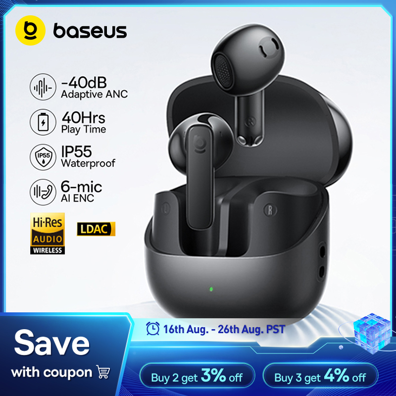 Baseus Bass BS1 NC -40dB Realtime Adaptive ANC Wireless Earbuds Bluetooth 6.0 Semi-Open Earphones LDAC Hi-Res Audio 6-Mic AI ENC 