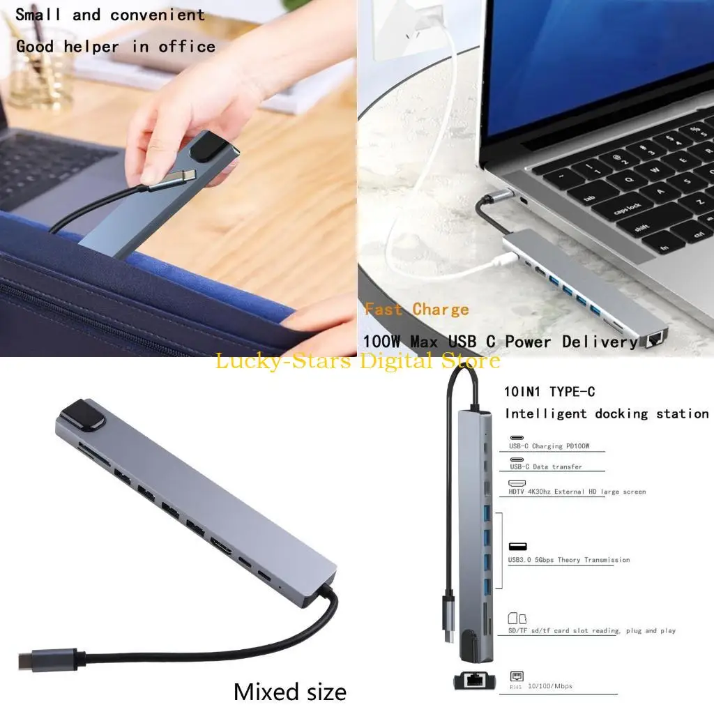 

T3EE Type C Hub Rj45 USB 3.0x4 RJ45 + TF Slot PD 100W 10 in 1 Docking Station for Laptop PC Aluminum