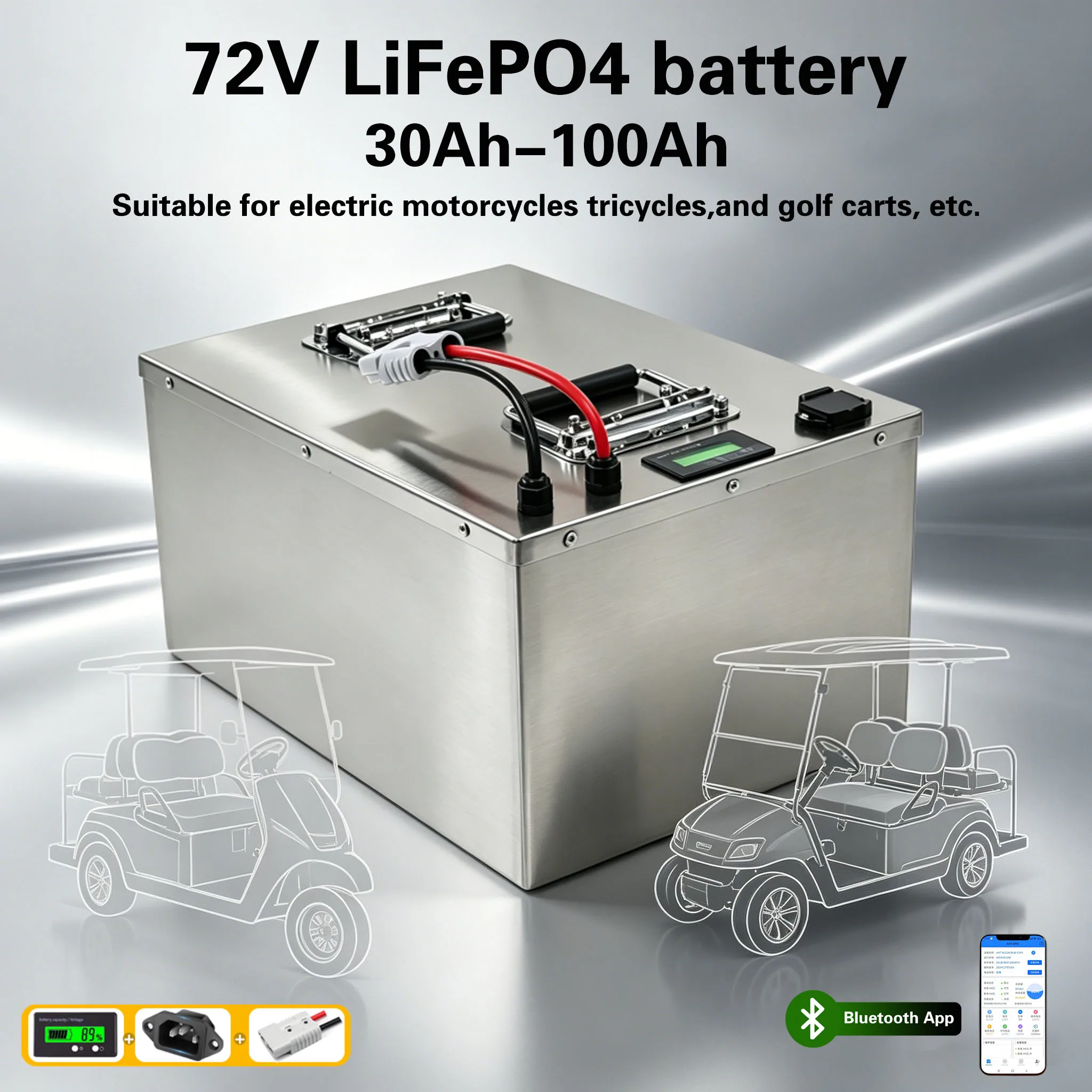 LiFePO4 Lithium Battery 72V, 50Ah, 60Ah, 30Ah, 40Ah 100Ah 80Ah 5000W Electric vehicle Scooter, Bike with Charger, Bluetooth BMS