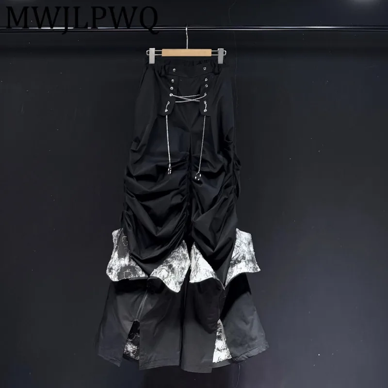 

MWJLPWQ 2025 New Design Heavy Industry Fake Two-Piece Spliced Pants Male High Street Metal Niched Loose Casual Trousers 12703