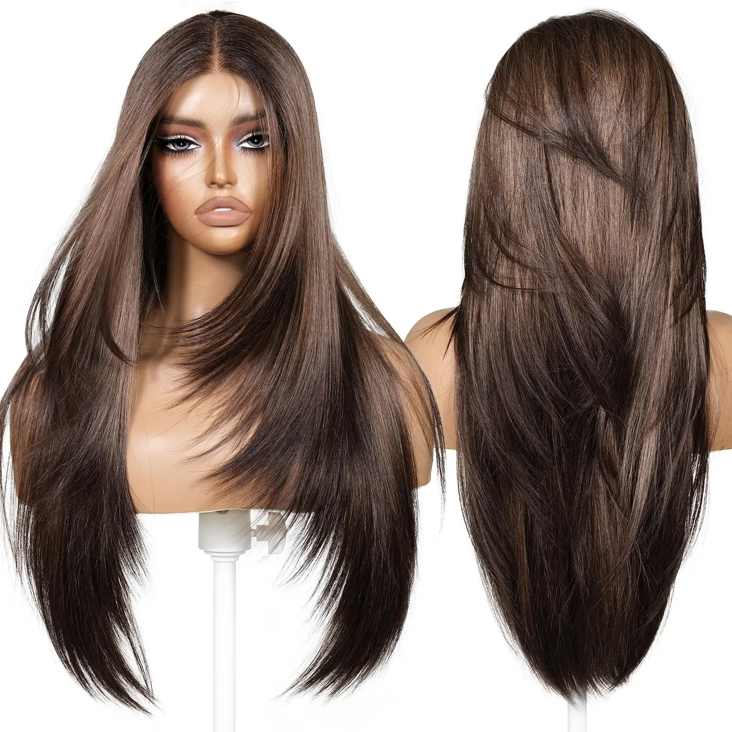 CUEKI Glueless Lace Front Wig,Straight Layered Synthetic Wig for Women Pre Plucked Wear and Go Wig with Natural Middle Part,