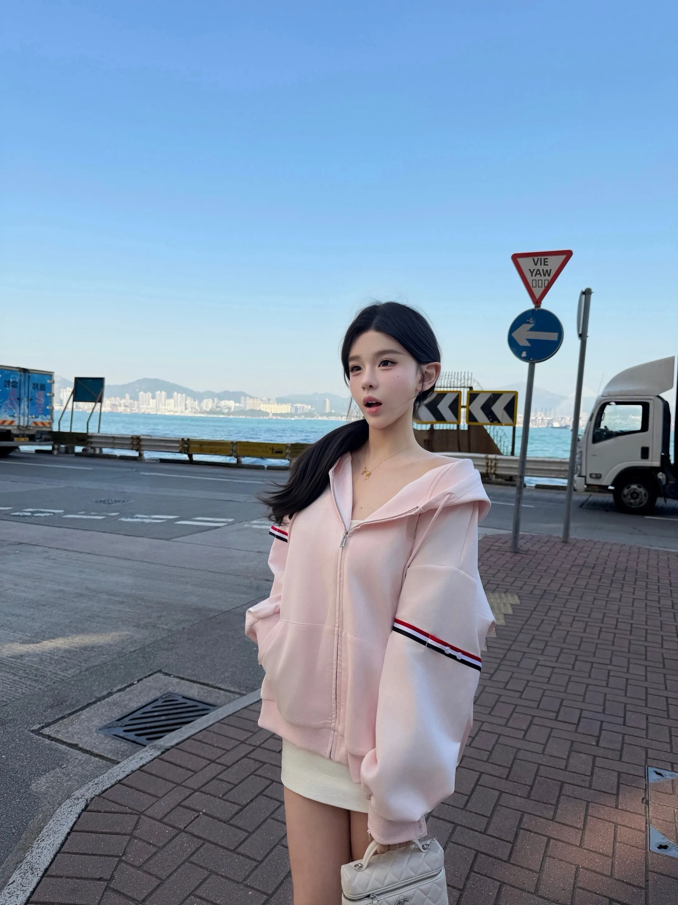 

Loose Fit Hoodie Jaet Tee Color Weave Belt Soft Dra Mianyang Pink Zipper Long Sve Korean Sle Women's Sweatirt
