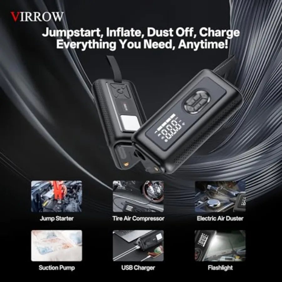 Portable Tire Inflator with Electric Air Duster and Car Jump Starter for Outdoor and Home Use: 150PSI Cordless Bike Pump 130000