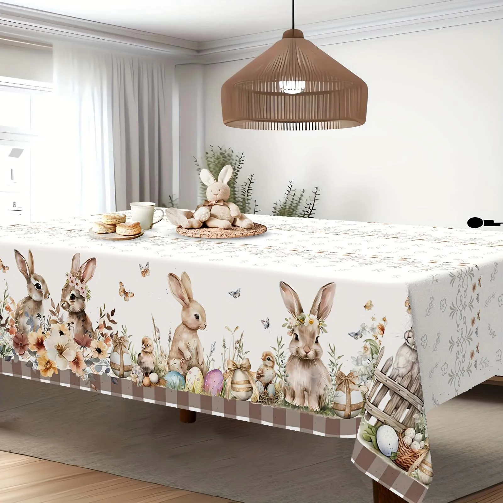 A Single Piece of Easter-Themed Decorative Tablecloth Featuring Cute Rabbits, Colorful Eggs, Flowers, And Butterflies - Suitable