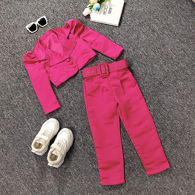 Qunq 2023 Autumn New Girls Puffed Sleeve Single-breasted Coat + Harem Pants And Belt 3 Pieces Set Casual Kids Clothes Age 3T-8T