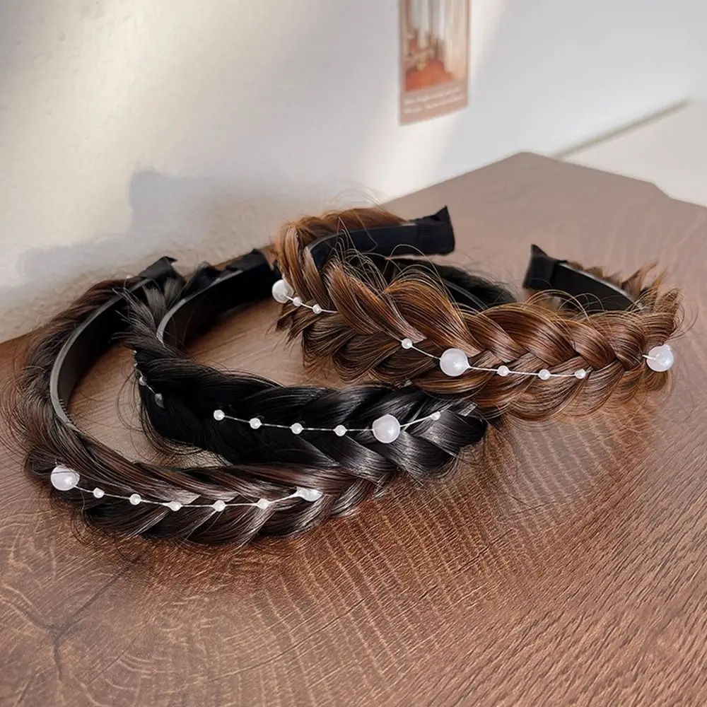 

Retro Synthetic Fishbone Braid Headband Wide Non-slip Twisted Wig Headband Pearl Hairband Women Hair Hoop Female