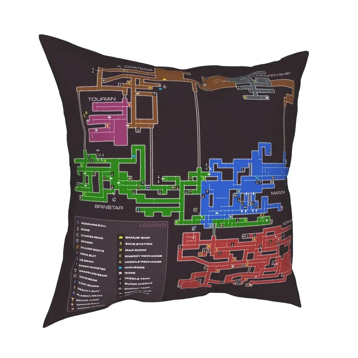 Super Metroid Map Square Pillowcase Polyester Printed Zip Decor Throw Pillow Case for Home Cushion Case 45*45cm