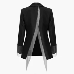 All Season Office Ladies Jackets and Coats Shawl Collar Full Sleeve Buttons Tassel Chain Split Behind Black Blazer Outerwear