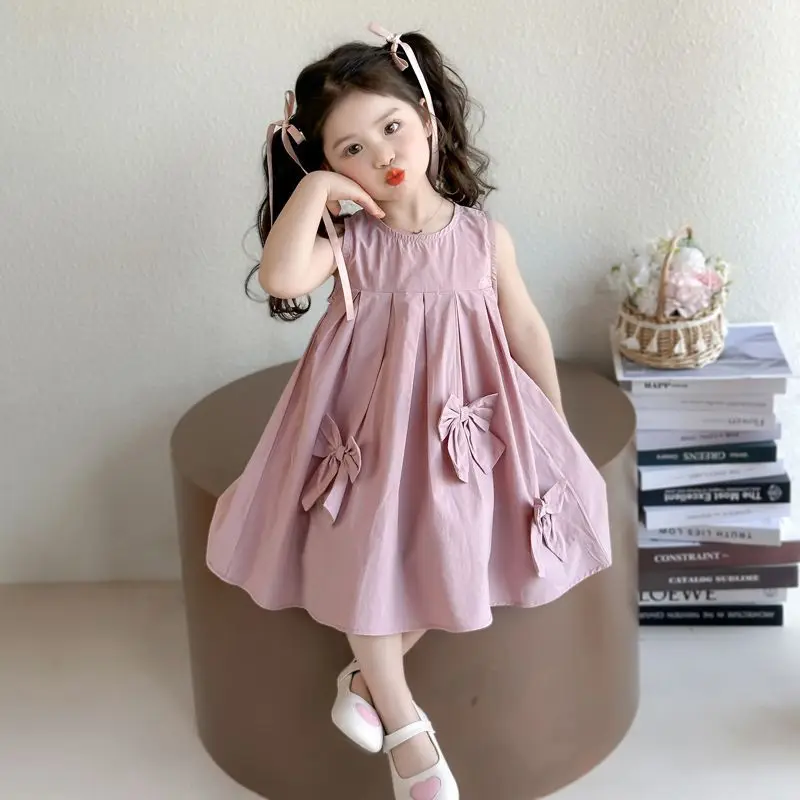 Nuevo Vestido de Verano para Niñas de 3 a 7 Años, Color Rosa, Dulce y Lindo, Cuello Redondo, Sin Mangas, con Decoración de Lazo, para Uso Diario