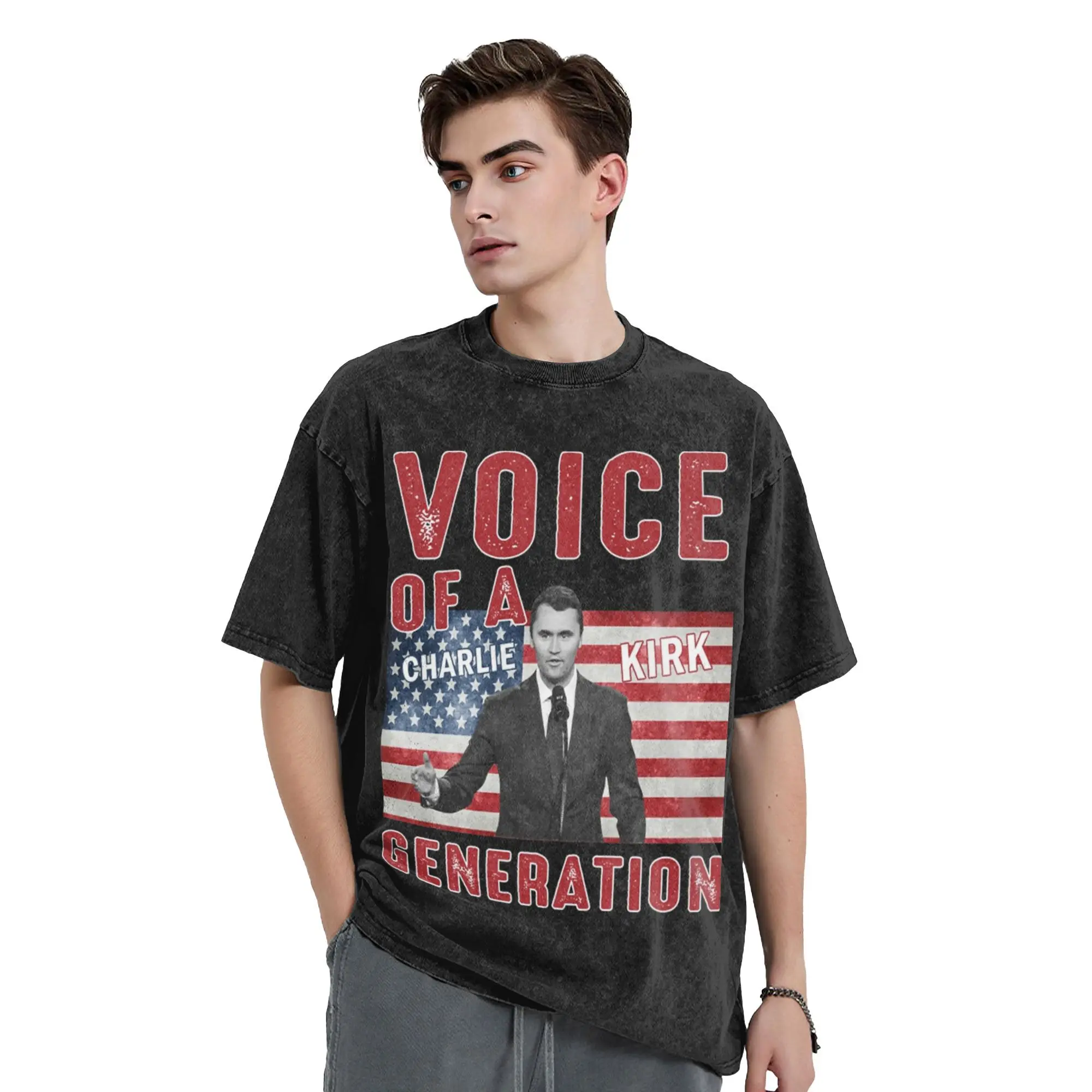 Koszulki z napisem Charlie Kirk Voice of a Generation, patriotyczne slogany, letnie koszulki z krótkim rękawem, okrągły dekolt, modne, codzienne koszulki