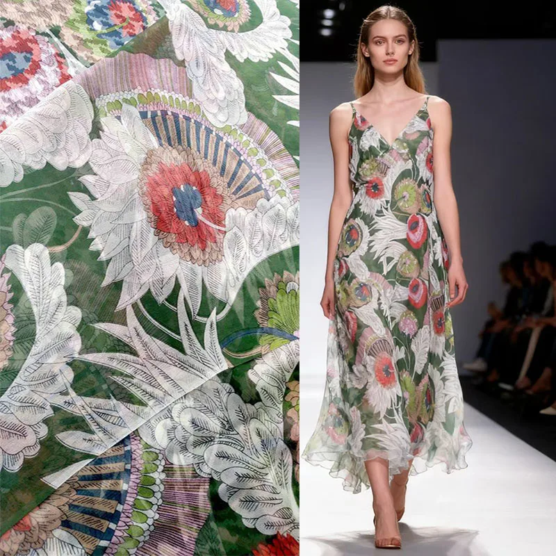 Georgette 100% Mulberry silk fabric meter pure silks story Floral Green leaves printd tissus roll tulle rouleau Wholesale retail