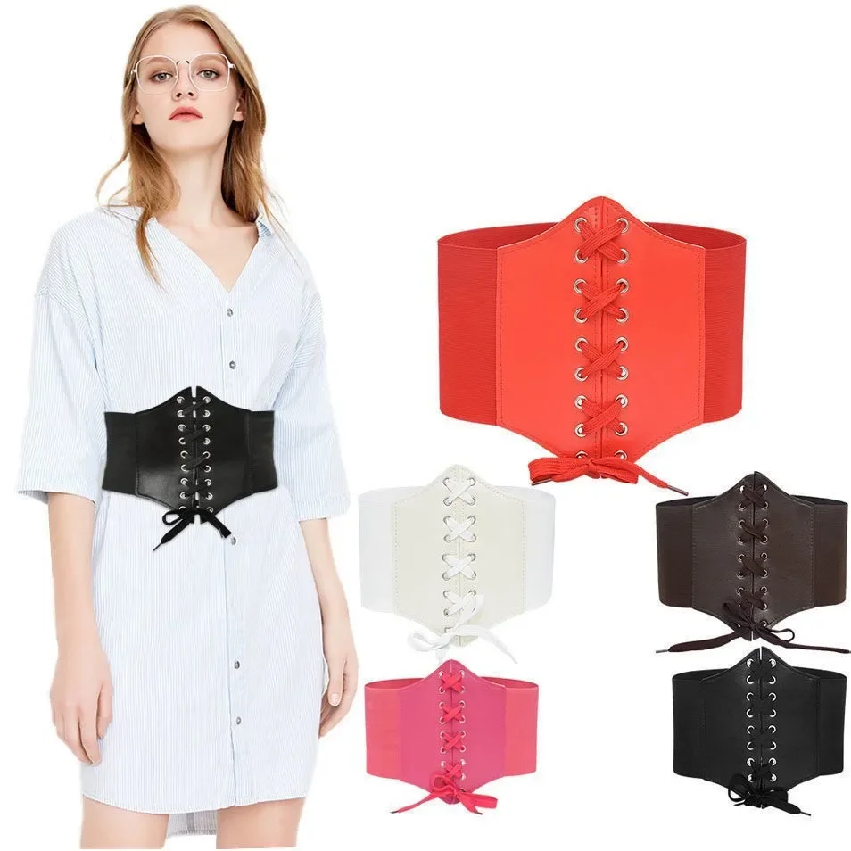 Retro Victorian Lace Up Corset Waist Cincher Faux Leather Stretchy Cincher Wide Waist Belt for Sweater Coat Wedding Guests