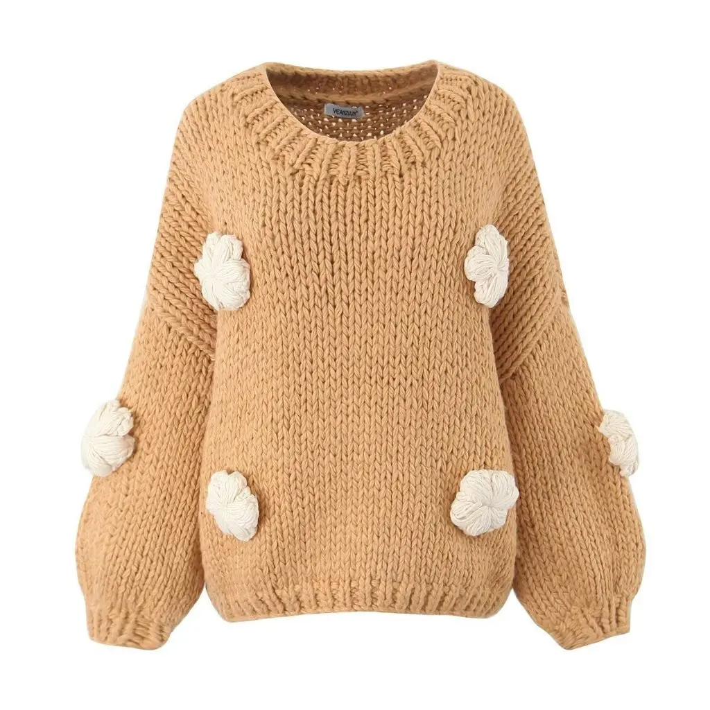 

Women's Handmade Flower Lantern Sleeve Knitted Sweater European American Style Thickened Lazy Fit Sweater Jacket for Ladies