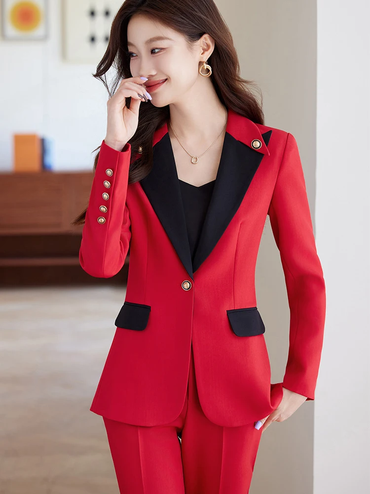 

Красный костюм контрастного цвета Jaet, женский повседневный костюм для поездок на работу, облегающий длинный свек, с застежкой на одной пуговице, чистый цвет