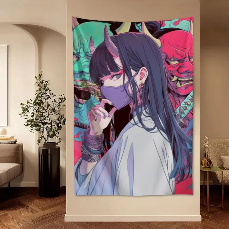 VIKAMA Neon Vintage Anime Tapestry Abstract Japanese Oni Hannya Mask Wall Hanging Urban Bedroom Dorm Aesthetic Decor