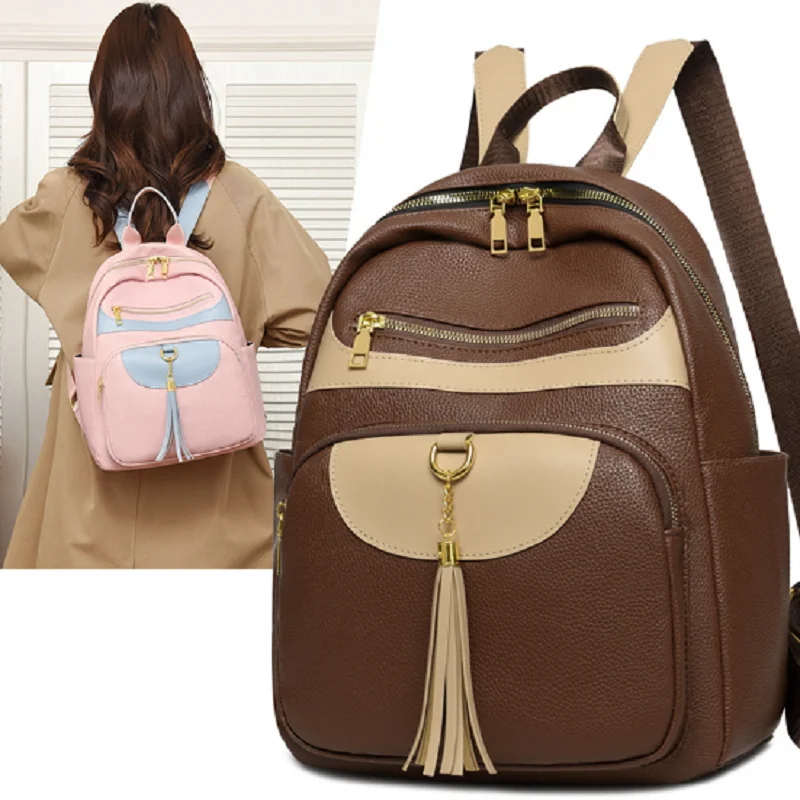 2026 New Korean Fashion Tassels Soft Leather Travel Backpacks Women's High Capacity Casual Shoulder Bags Totes Laptop School Bag