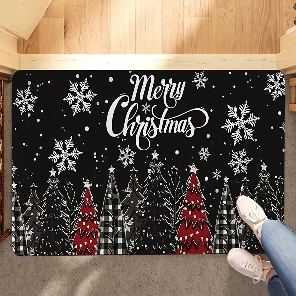 Retro Christmas Non‑Slip Doormat, Plaid Tree Snowflake Welcome Rug, Entry Floor Mat for Indoor Outdoor Front Porch Decoration