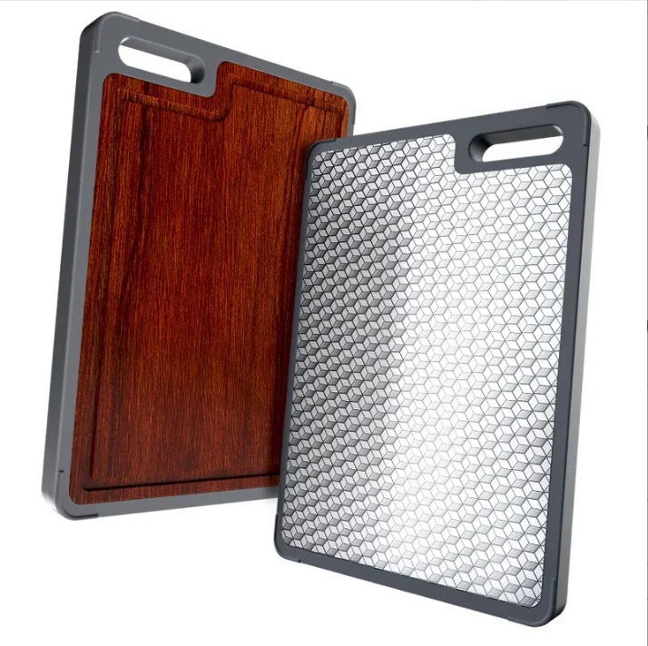 Ebony Kitchen Double Sided Stainless Steel Chopping Board Blocks Wooden Antibacterial Cutting Board With Handle