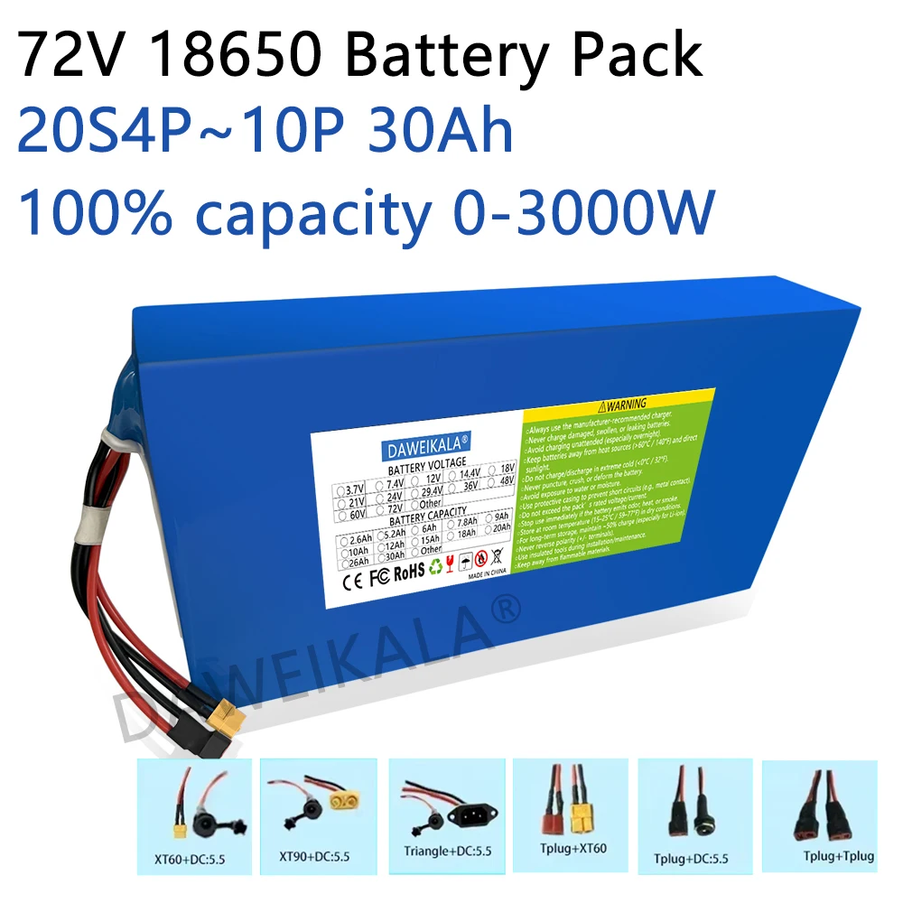 New 72V 12Ah-30Ah 18650 Battery pack 50A BMS 100% Real Capacity 3000W High Power motor For Electric motorcycle Tricycle Scooter