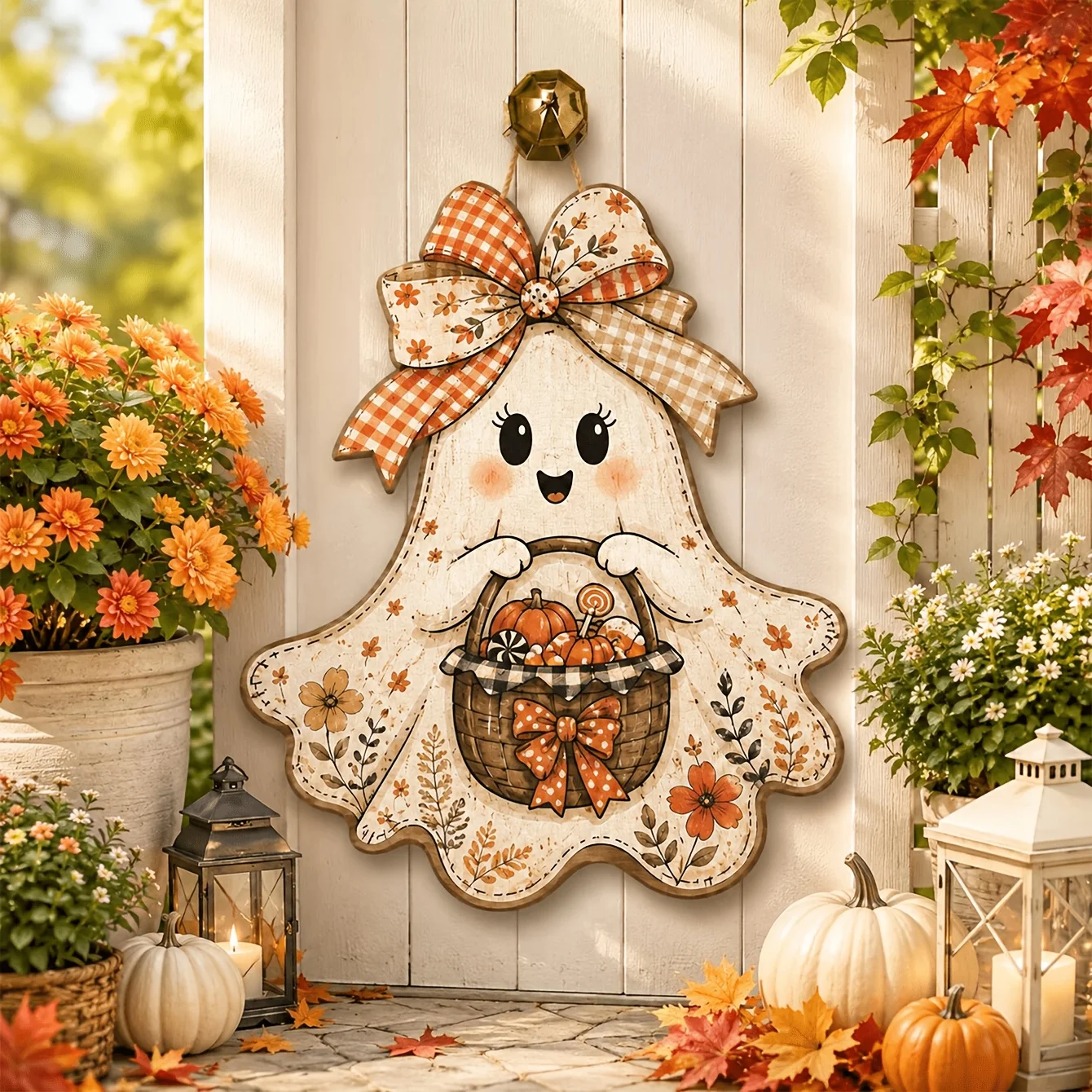 Halloween Cute Ghost Wooden Hanging Sign, Ghost Holding Pumpkin Candy Basket Door Plaque, Fall Autumn Front Door Home Wall Decor