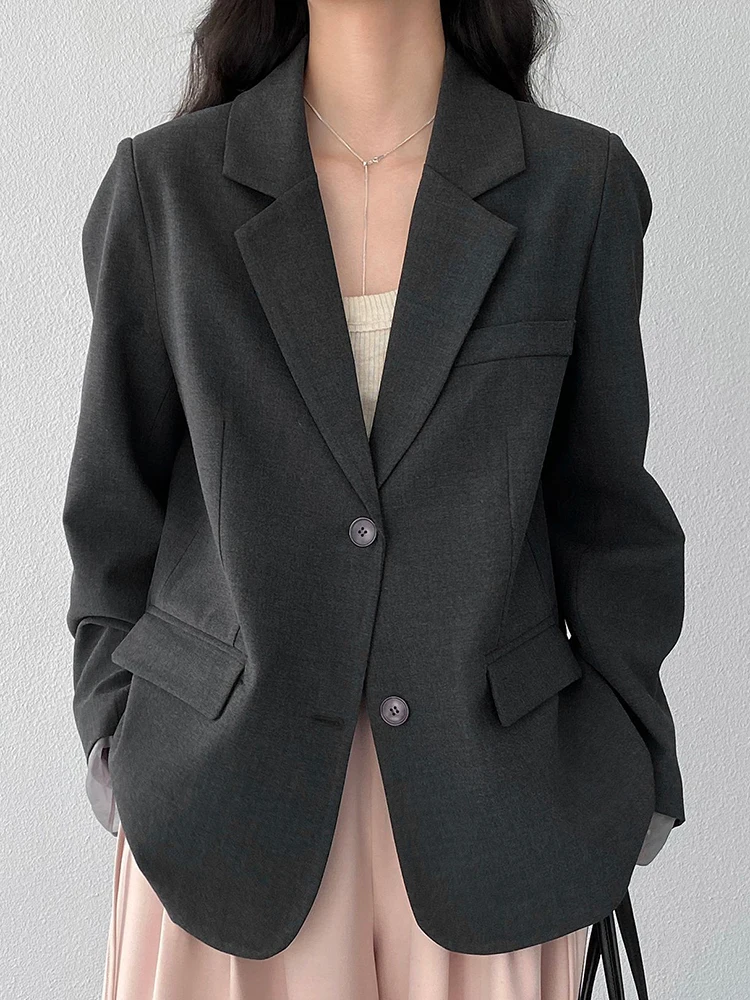 YERMORA Gray Spliced Mesh Cuff Casual Blazer For Women Lapel Long Sleeve Loose New Jacket Fashion Tide Spring Autumn 2026