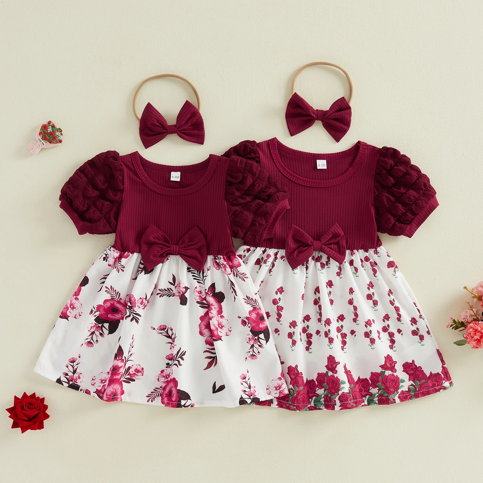 0-3Y Baby Girl Summer Outfits Flower Print Puff Sleeve A-line Dress with Headband Toddler Girls Princess Party Dresses Clothes