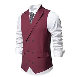 Men Suit Vest Lapel British Gentleman Double Breasted Waistcoat Casual Tuxedo Jacket Groomsmen Wedding Formal Gilet Business