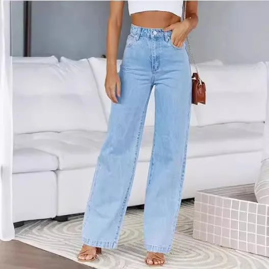 

Bleached Washed Straight Pants Women Denim Ankle Length Jeans Zipper Fly High Waist Jean Pocket Loose 2024 Summer Basics