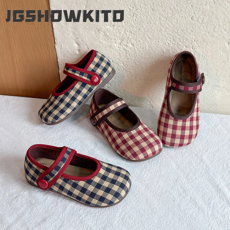 JGSHOWKITO Toddler Girls Shoes Retro Checkered Flats 2026 New Autumn Cute Kid Soft Shoes Classic Princess Party Wedding Footwear