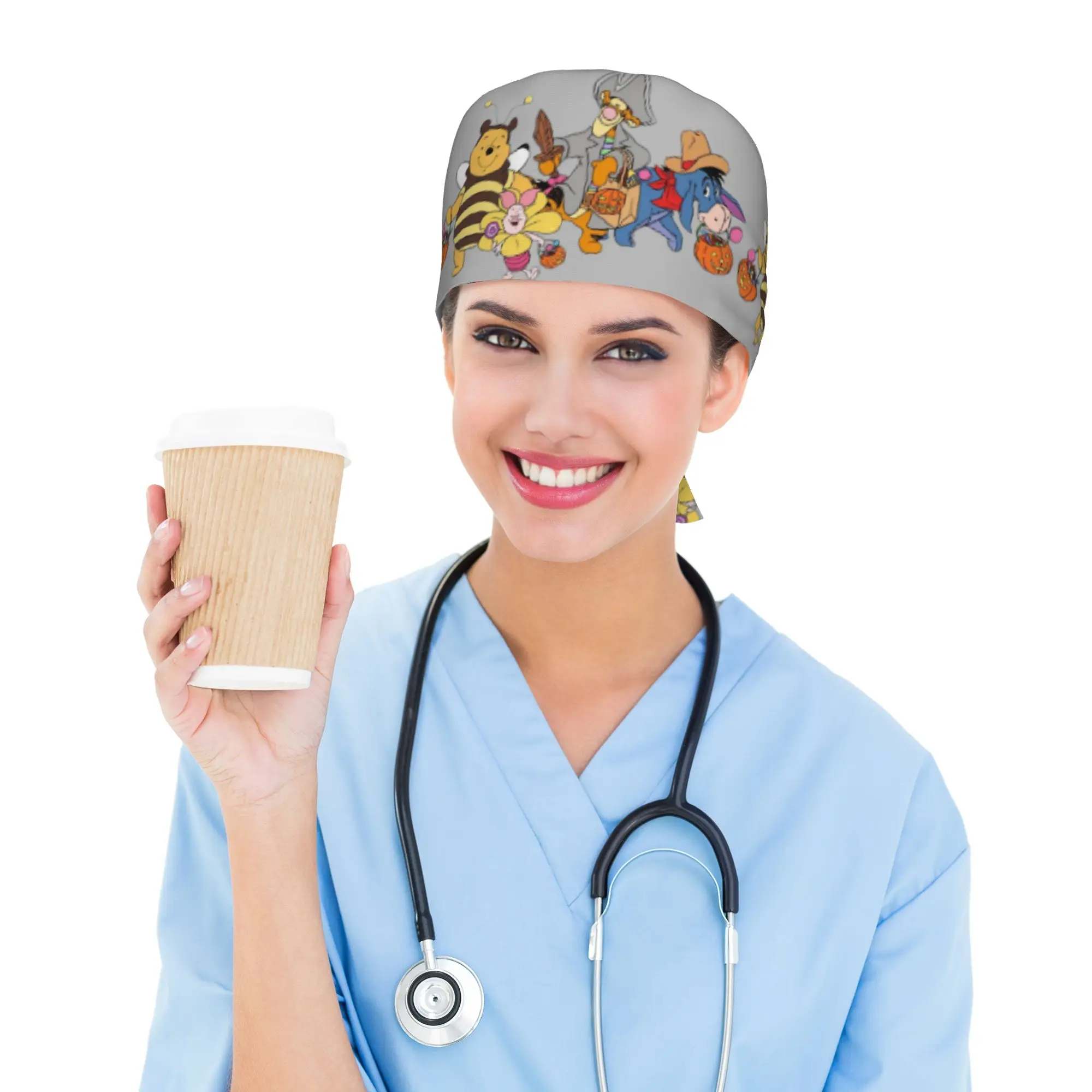 Custom My Friends Cartoon T-Tigger Pooh Scrubs Cap Surgical Hats Men Women  Operating Room Cap Nursing Cap Lab Works Hat