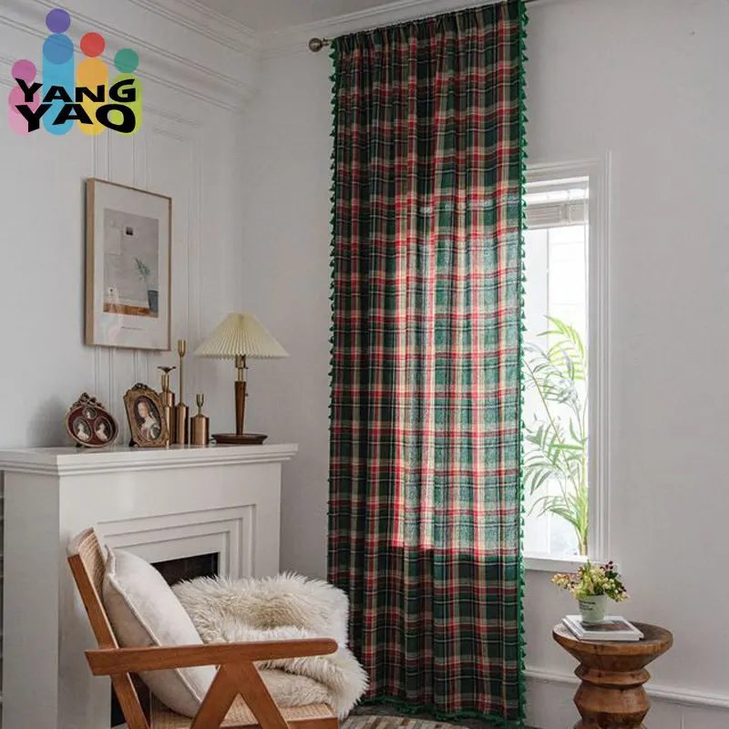 

Christmas Gird Design Curtain with Green Tassel Semi Blackout Blind Bohemian Bedroom Decor Bay Window Living Room Divider TJ7028