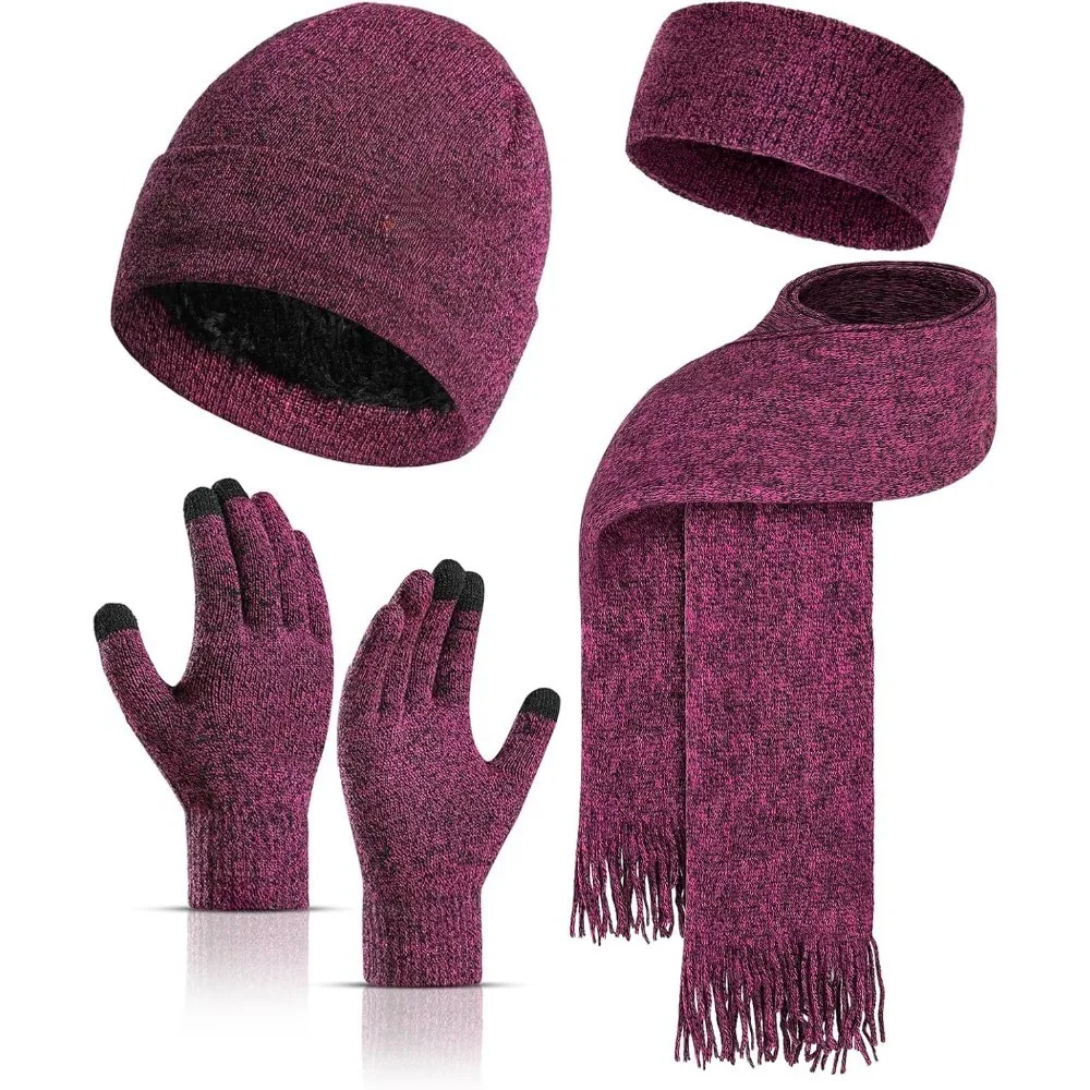 الشتاء الدافئة قبعة صغيرة قفازات لمس طقم وشاح طويل للنساء مع عقال، قبعة متماسكة الأوشحة مع شرابة للنساء